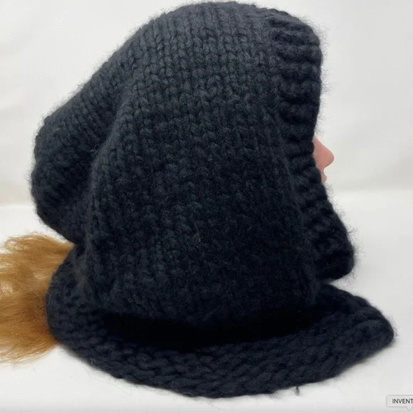 Hood Hat Women Beanie Hand Knit 100% Cashmere Black Winter  display picture 1